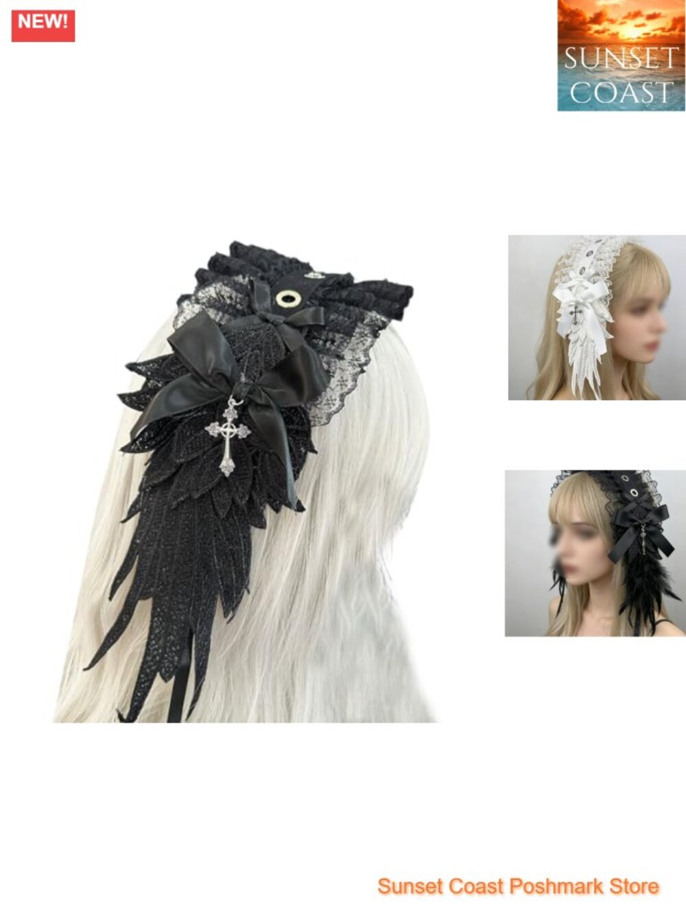 Gothic Lolita Headband with Lace and Metal Wing Bow Cross Detailing for Cosplay